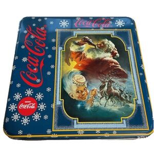 Vintage COCA COLA CHRISTMAS Tin For Cookies‎ Candy 1990 Santa Reindeer Sleigh